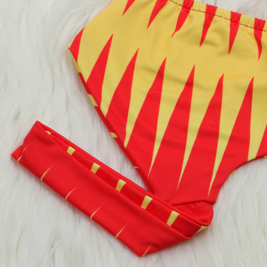 Women's blue and yellow geometric print bikini with high-waisted bottoms and a matching sheer kimono cover-up. - Image 16