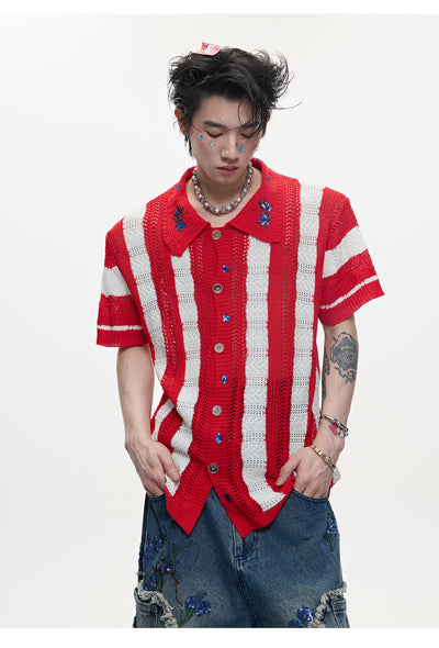 Camisa Retro de Punto Patchwork a Rayas para Hombre - Image 4