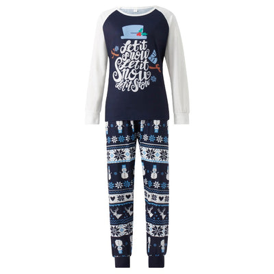 Matching family pajamas with navy blue and white raglan tops featuring a 'Let it Snow' graphic and snowman hat. Bottoms have a festive pattern of snowflakes, sn - Image 2