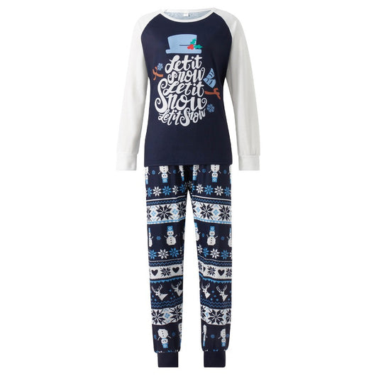 Matching family pajamas with navy blue and white raglan tops featuring a 'Let it Snow' graphic and snowman hat. Bottoms have a festive pattern of snowflakes, sn - Image 2