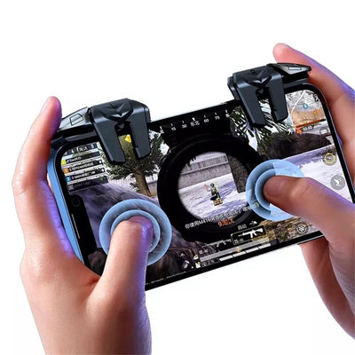 Pair of black and silver G21 six-finger auxiliary firing mobile gaming triggers with red accents on a blue surface. - Image 4