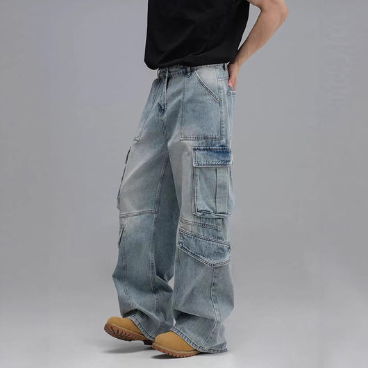 Pantalones Vaqueros de Trabajo Multibolsillos Lavados - Corte Ancho Casual para Hombre - Image 4