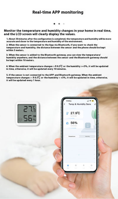 White mini Bluetooth temperature and humidity sensor with LCD display showing 27.9°C and 56% humidity. - Image 14