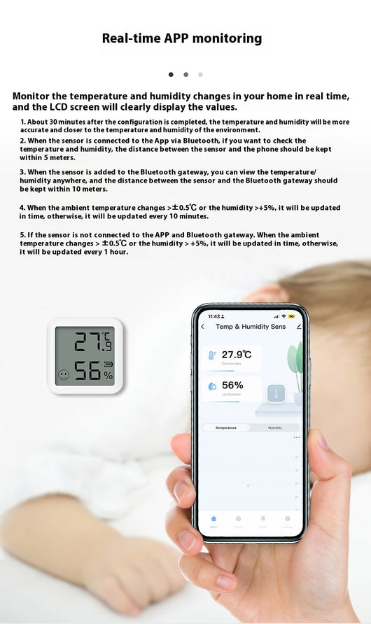 White mini Bluetooth temperature and humidity sensor with LCD display showing 27.9°C and 56% humidity. - Image 14