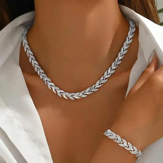 Juego de Collar y Pulsera de Hoja de Cristal con Rhinestones - Joyería Elegante para Mujer - Image 2