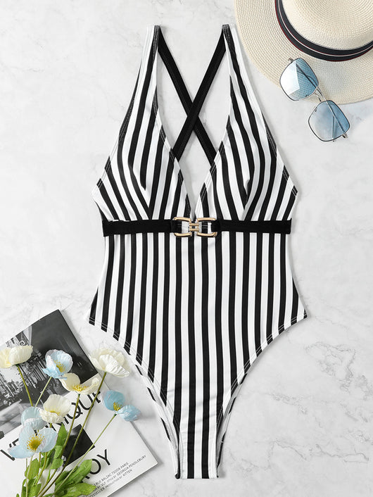 Traje de Baño Entero a Rayas Blanco y Negro - Image 8