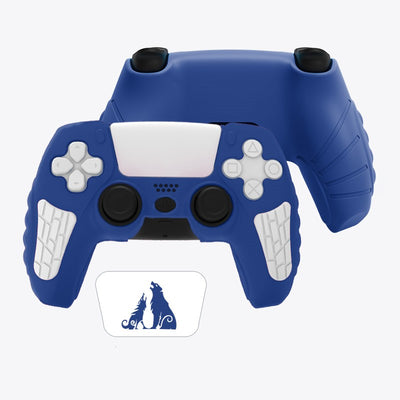Blue silicone controller cover with white accents and wolf graphic, paired with thumb grips featuring handprint and gear designs. - Image 7