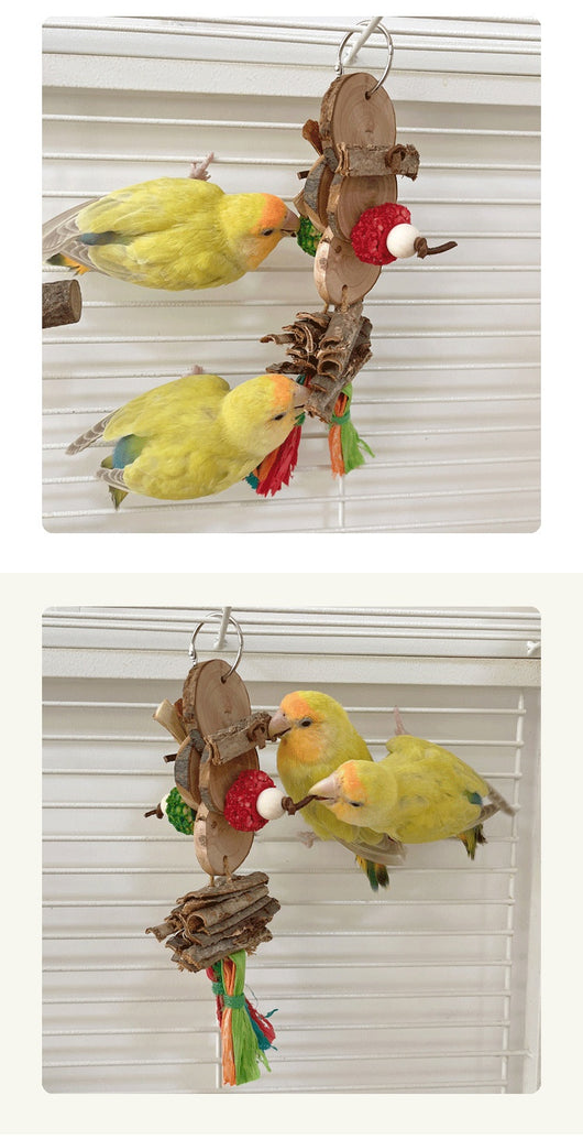 Two yellow-green parrots playing with a hanging bird bite toy made of natural wood slices, bark, and colorful shredded paper. - Image 10