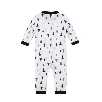 White long-sleeve pajama set with black and brown Christmas tree print, featuring black cuffs and collar. - Image 10