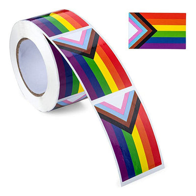 Roll of heart-shaped stickers featuring the Progress Pride flag design with rainbow and chevron stripes. - Image 3