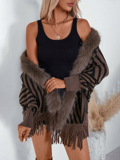 Poncho Tejido de Rayas Otoño Invierno con Flecos Elegante - Image 14