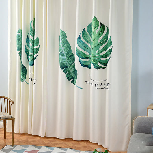 Cream curtain with large green banana leaf and tropical leaf digital print, suitable for a modern living room. - Image 12