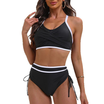 Black and white color matching bikini swimsuit with a high-waisted drawstring bottom and a split top. - Image 5