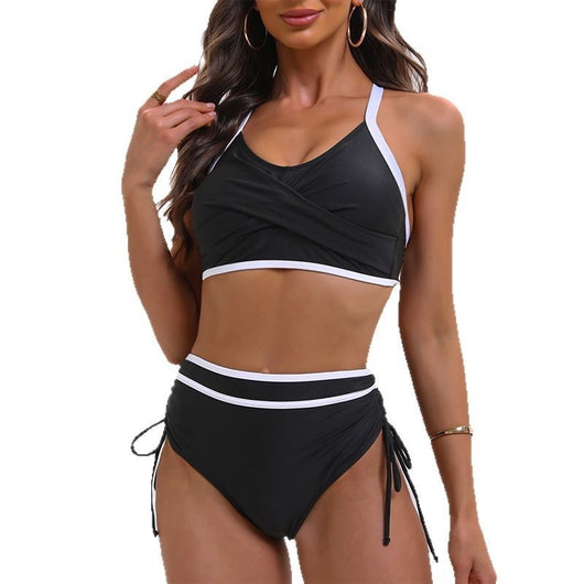 Black and white color matching bikini swimsuit with a high-waisted drawstring bottom and a split top. - Image 5