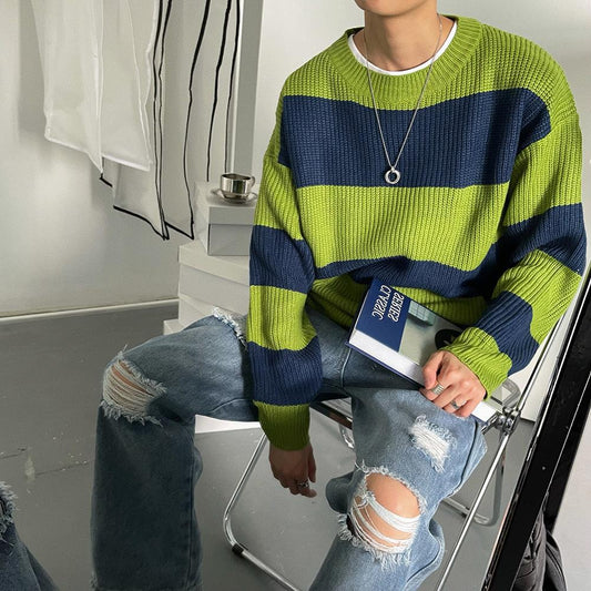 Suéter Holgado de Cuello Redondo con Rayas para Hombre - Estilo Casual Otoño Invierno