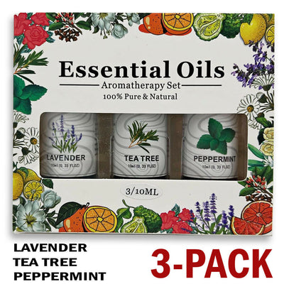 3-pack essential oil set with lavender, tea tree, and peppermint scents in amber bottles and a decorative box. - Image 4