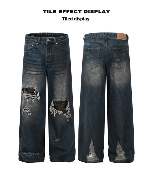 Pantalones Vaqueros Rotos Camuflaje Mujer Cintura Alta Pierna Recta Oversize - Image 9