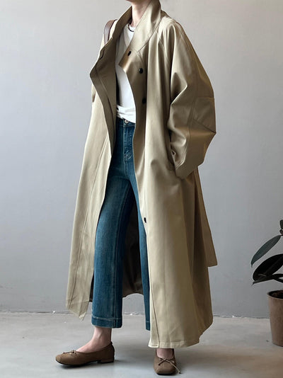 Abrigo Trinchera Largo Mujer Cuello Alzado Oversized Abotonado Simple - Image 13