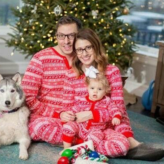 Red and white Christmas loungewear pajama set with reindeer and snowflake fair isle pattern.