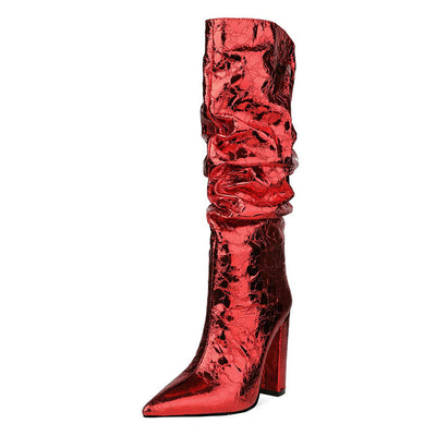 Botas Tacón Alto Grueso Caña Ancha Talla Grande con Patrón Piedra Metálica - Image 5
