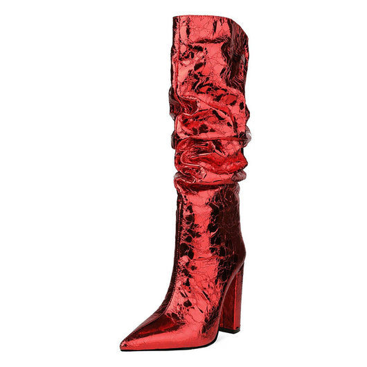 Botas Tacón Alto Grueso Caña Ancha Talla Grande con Patrón Piedra Metálica - Image 5