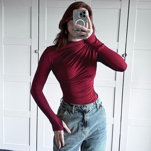 Blusa Cuello Alto Plisada Ajustada para Otoño e Invierno - Image 24