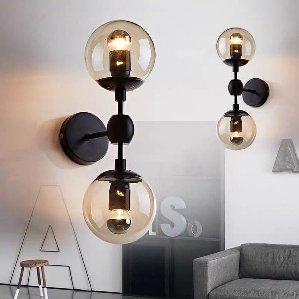 Lámpara de Pared Doble Cabezal Vidrio y Hierro - Diseño Minimalista