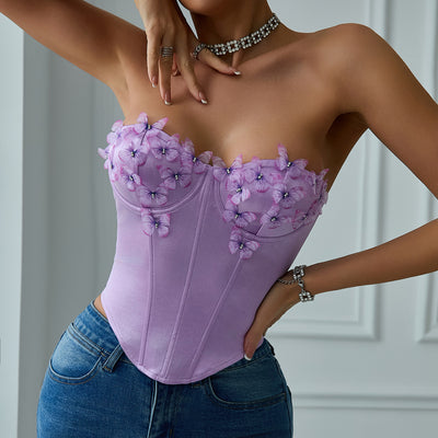 Top Tubo Satinado con Diamantes y Diseño Mariposa