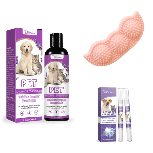Pet shampoo and conditioner with lavender, pet oral repair gel, and a pink textured dog chew toy. - Image 2