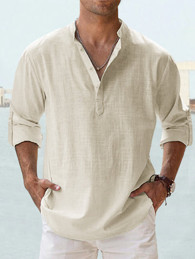 Camisa de Lino Hombre Cuello Mao Manga Larga Suelta - Image 15