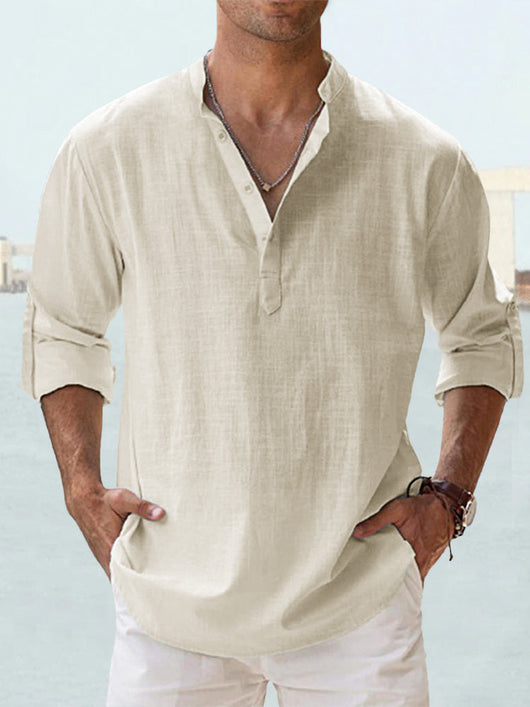 Camisa de Lino Hombre Cuello Mao Manga Larga Suelta - Image 15