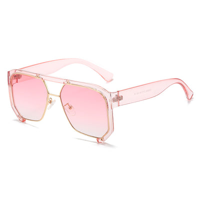 Black frame large rim hip hop sunglasses with gradient purple lenses and a gold-tone double bridge. - Image 2
