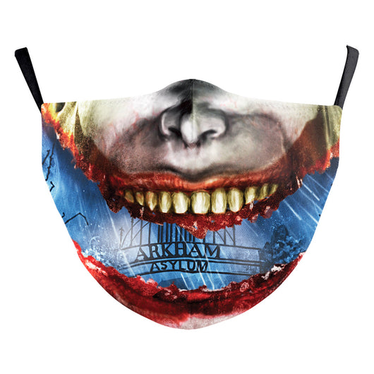 Digital printing dust mask with a funny ghost face and clown design, featuring a sugar skull pattern in red, yellow, and brown. - Image 17