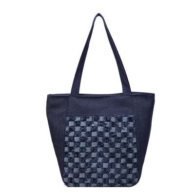 Bolsa Tote de Mezclilla Lavada con Patrón Escocés y Gran Capacidad - Image 5