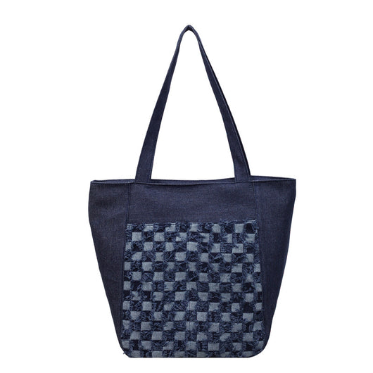 Bolsa Tote de Mezclilla Lavada con Patrón Escocés y Gran Capacidad - Image 5