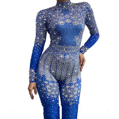 Jumpsuit Largo Azul con Estampado de Diamantes para Mujer - Image 2