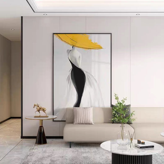 Cuadro Abstracto Mujer Moderna Sombrero Amarillo - Arte Óleo Nórdico Lujo para Sala - Image 4