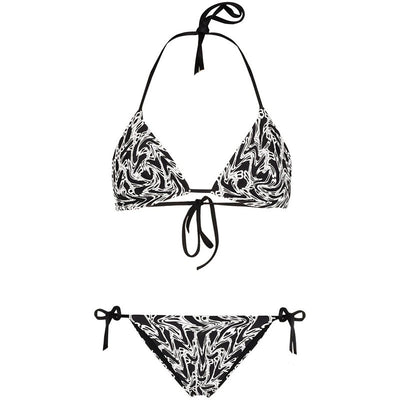 Black and white abstract letter print bikini with triangle halter top and tie-side bottoms. - Image 9