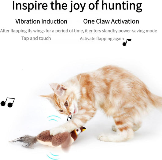 Plush brown and white bird cat toy with yellow accents, a feather tail, and a black clip on its back. - Image 8