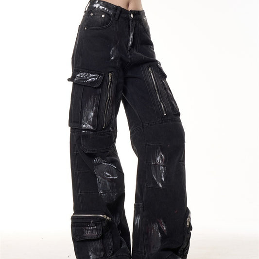 Pantalones de Trabajo Denim Multibolsillos con Diseño Graffiti Vintage