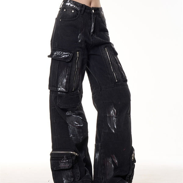 Pantalones de Trabajo Denim Multibolsillos con Diseño Graffiti Vintage