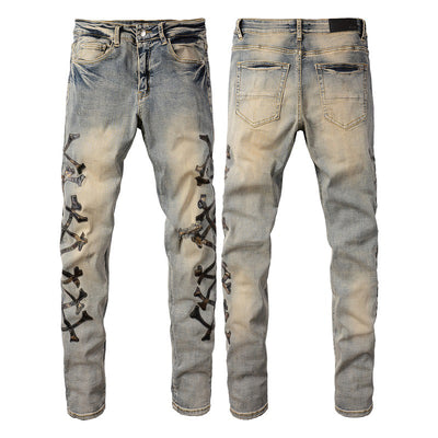Jeans Skinny Elásticos para Hombre con Detalles Perforados y Patrón Óseo - Image 12