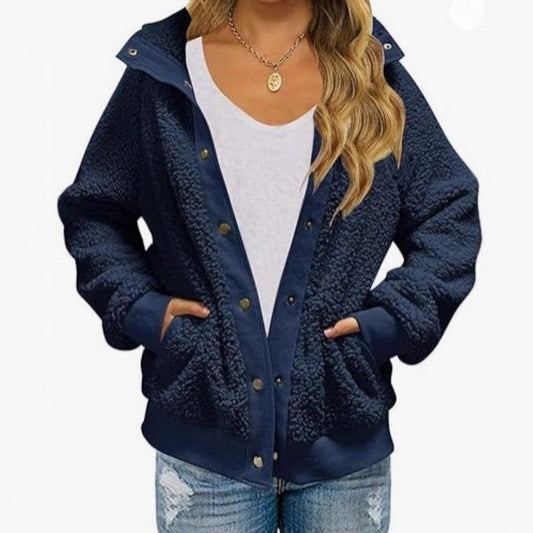Cardigan de Polar Grueso con Bolsillos para Mujer - Abrigo Cálido de Color Puro