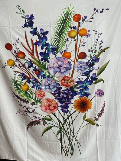 Artistic style tapestry with a vibrant floral pattern featuring a central flower and concentric rings of red, blue, orange, and pink blossoms on a light pink ba - Image 5