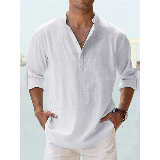 Camisa Casual Suelta de Algodón Manga Larga Color Sólido para Hombre - Image 7