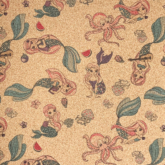 Tela de Corcho Estampado Sirena Kawaii con Fondo Floral - Image 3