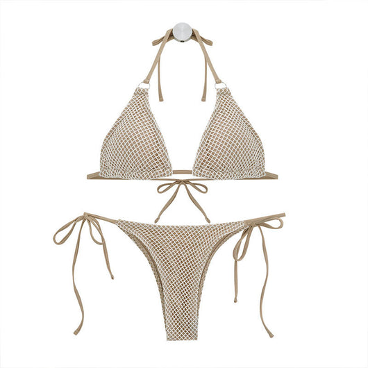 Woman wearing a white mesh two-piece bikini with a halter top and tie-side bottoms, suitable for hot springs. - Image 8