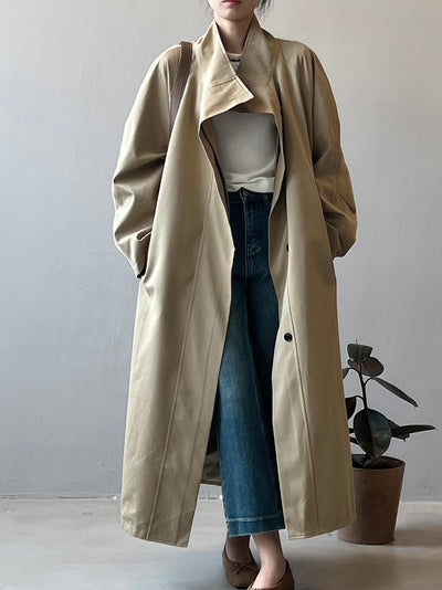 Abrigo Trinchera Largo Mujer Cuello Alzado Oversized Abotonado Simple - Image 15