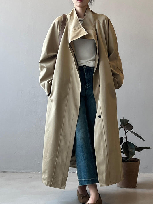 Abrigo Trinchera Largo Mujer Cuello Alzado Oversized Abotonado Simple - Image 15