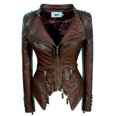 Chaqueta de Cuero Motociclista Ajustada con Remaches para Mujer - Image 6